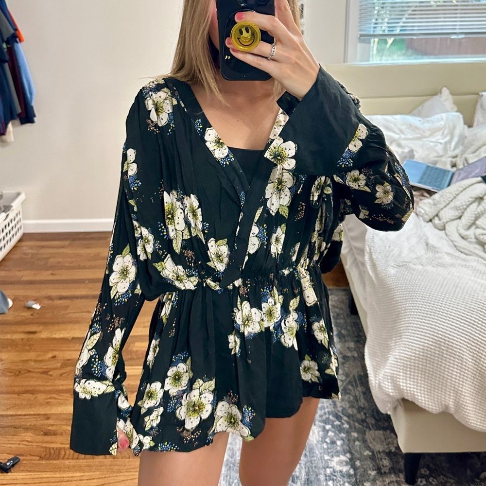 Free People Black Floral Long Sleeve Mini Dress XS